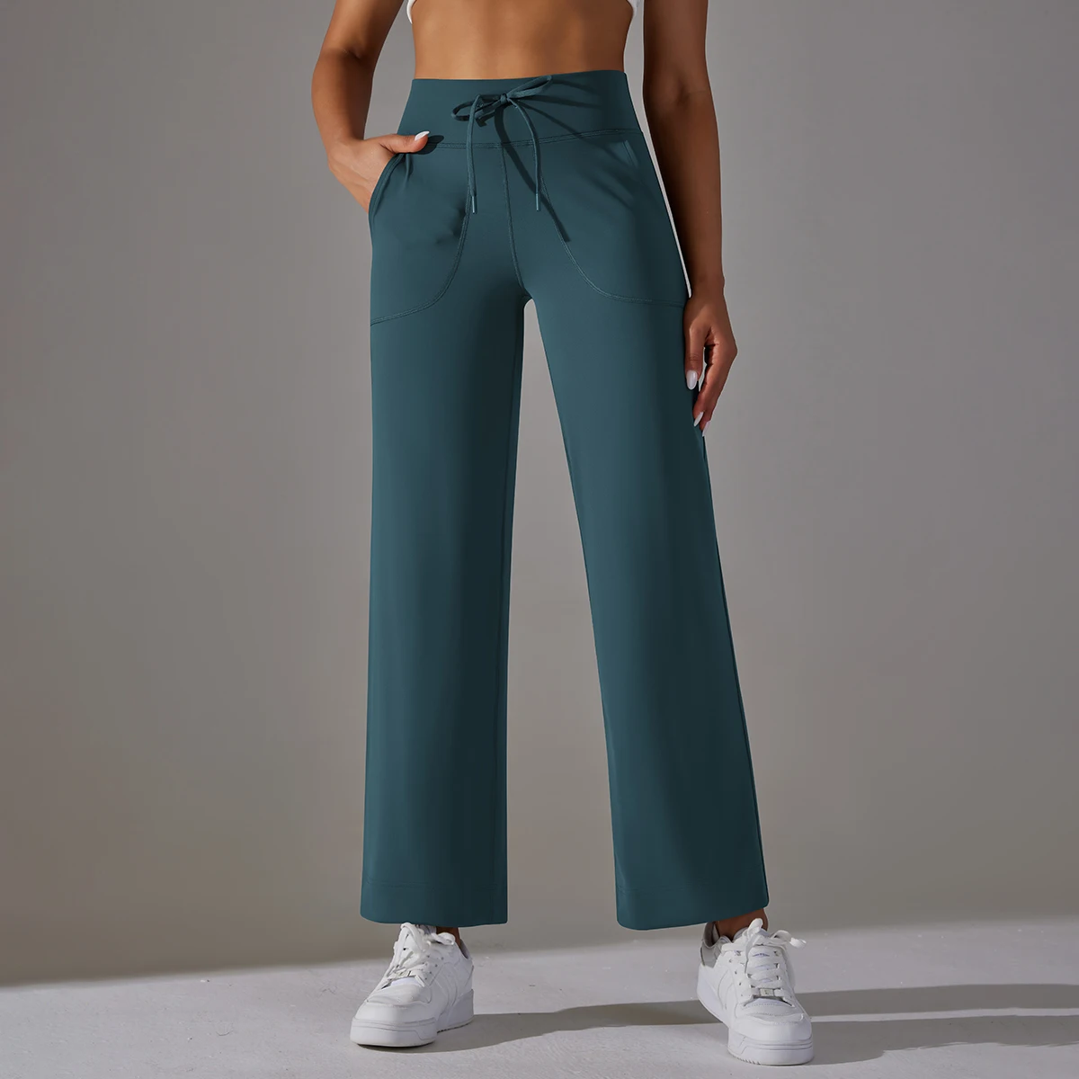 Wide Leg Pants With Pockets Women's Loose Yoga High Waist Legging Drawstring Outdoor Casual Jogging Gym Sports Flare Pants