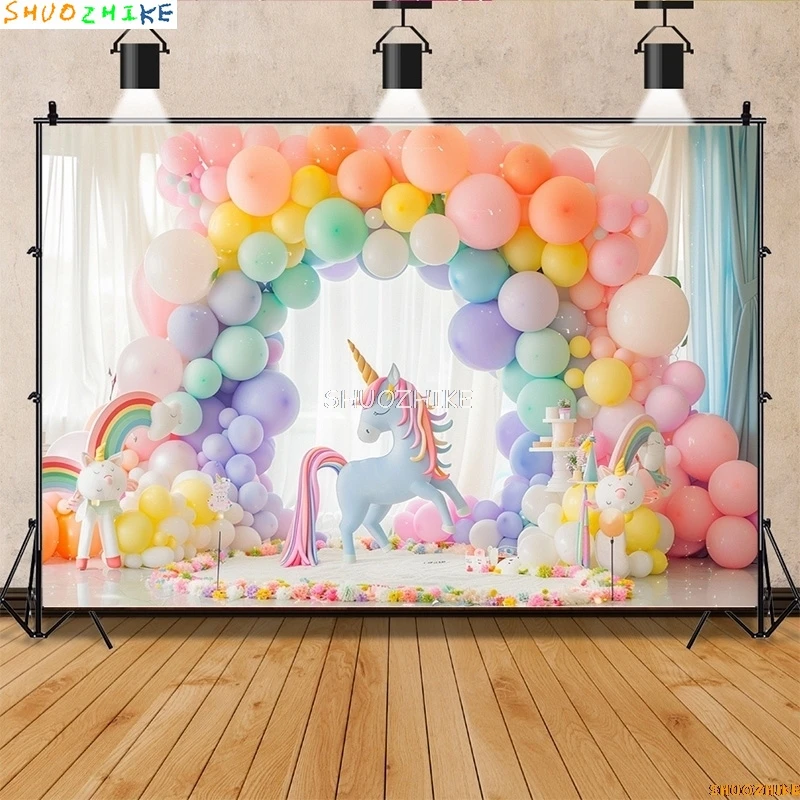 بالونات قوس قزح وخلفيات تصوير يونيكورن ، إكسسوارات للأطفال ، حفلات أعياد ميلاد لحديثي الولادة ، ديكورات خلفية ، من من من من من من من من من من من الخارج