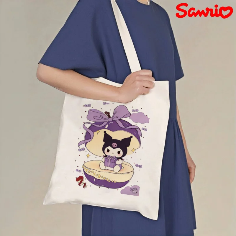 1pc Sanrio Kuromi Gift Box Canvas Tote Bag, Cute Print Casual Shoulder Bag, Eco-friendly Reusable Handbag