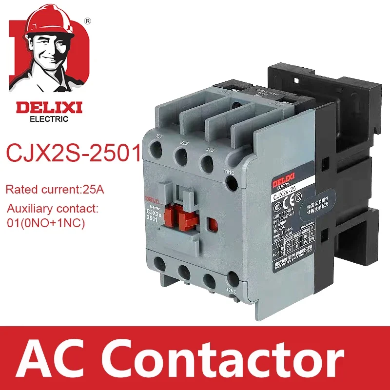 CJX2s-2501 AC Contactor DELIXI 25A 3 Poles NC Normal Closed Coil Voltage 24V 36V 110V 220V 380V 50Hz Din Rail Mounted