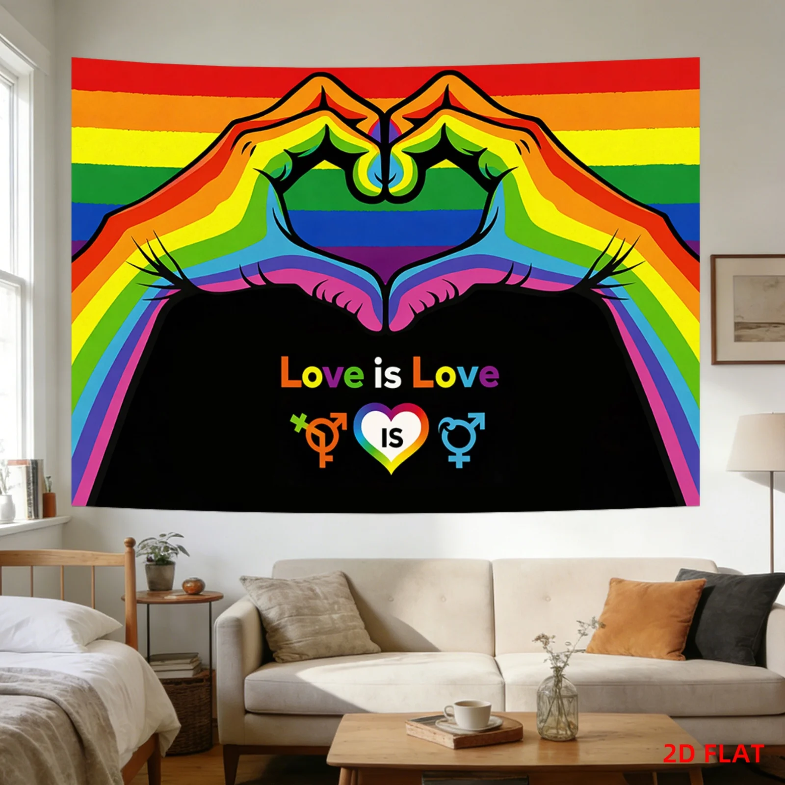 Large Rainbow Pride Tapestry Wall Hanging Love is Love LGBTQ Queer Decor Polyester Banner for Boho Chic Room Living Room Gift
