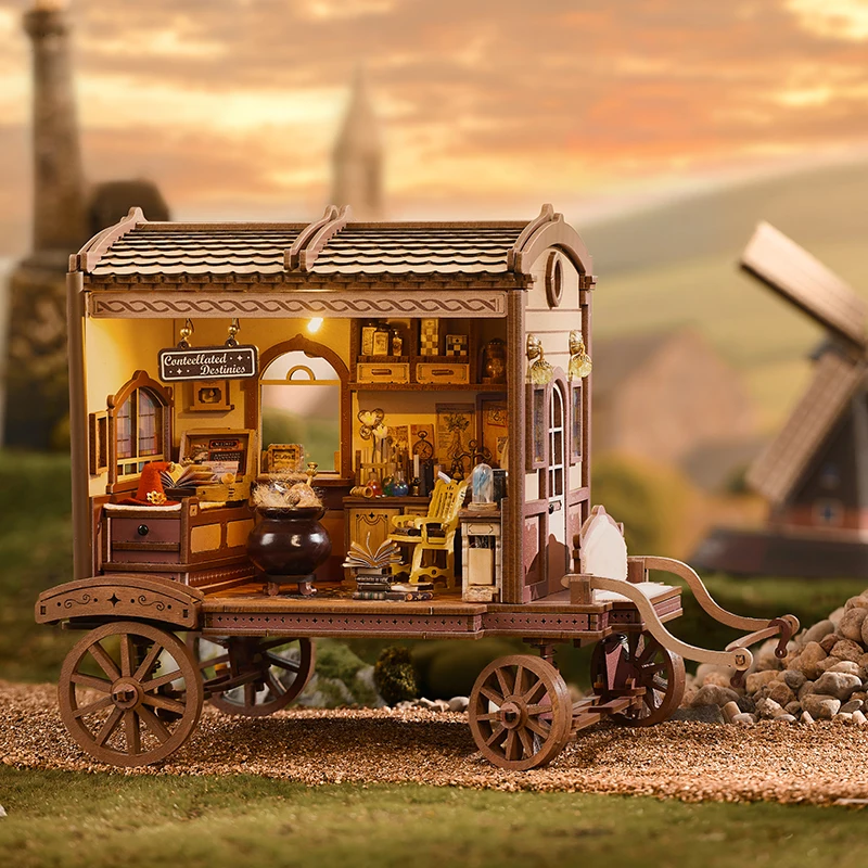 Bricolage en bois flux d'entropie Casa maisons de poupée Kits de modèles miniatures cabine de chariot magique maison de poupée avec meubles pour amis cadeaux