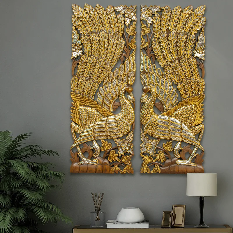 Teak hand-carved colored glass peacock soft wall decoration