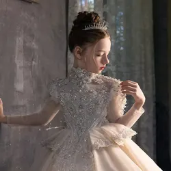 Jill Wish J122 Luxury Beads Ivory Lace Arabic Girl Dress Princess Long Sleeve Wedding Birthday Pageant Party Evening Ball Gown