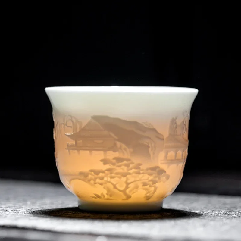 Mutton Fat Jade White Porcelain Hand Carved Pavilion Master Cup Large Tasting Cup Kung Fu Tea Set Gift Box