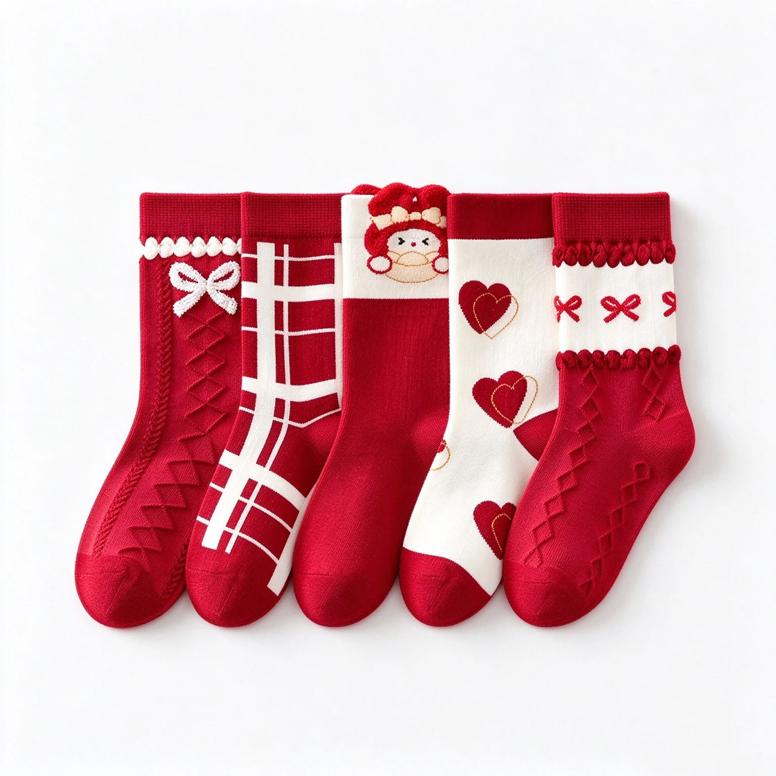 5 Pairs Kids Girls Christmas Socks Red Bow Plaid Heart Cartoon Knit Mid Calf Socks Winter Warm Xmas Party Children Socks