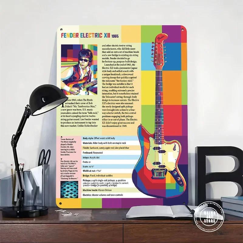 Fender Electric XII 1965 Pop Art Personalized 3D Textured Metal Poster Wall Art Vintage Tin Signs for Modern Home Decoration