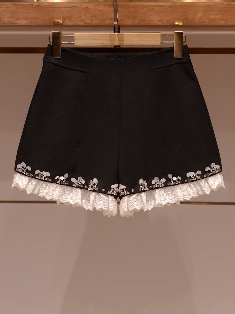 

Korean Sle Versatile Lace Trim A-Line Wide Leg orts High Waist Button Closure Casual Pants for Ladies Summer 2025