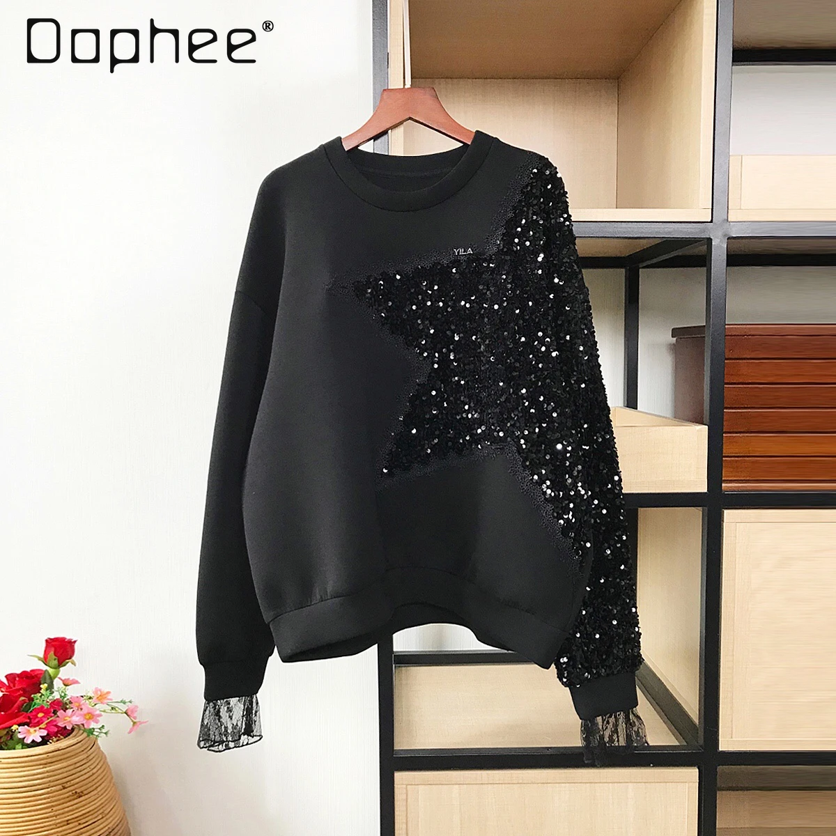 Casual Women's Sequined Memory Cotton Sweatshirt Autumn Clothing Five-Pointed Star Lace Sleeve Soft Glutinous Air Cotton Hoodie