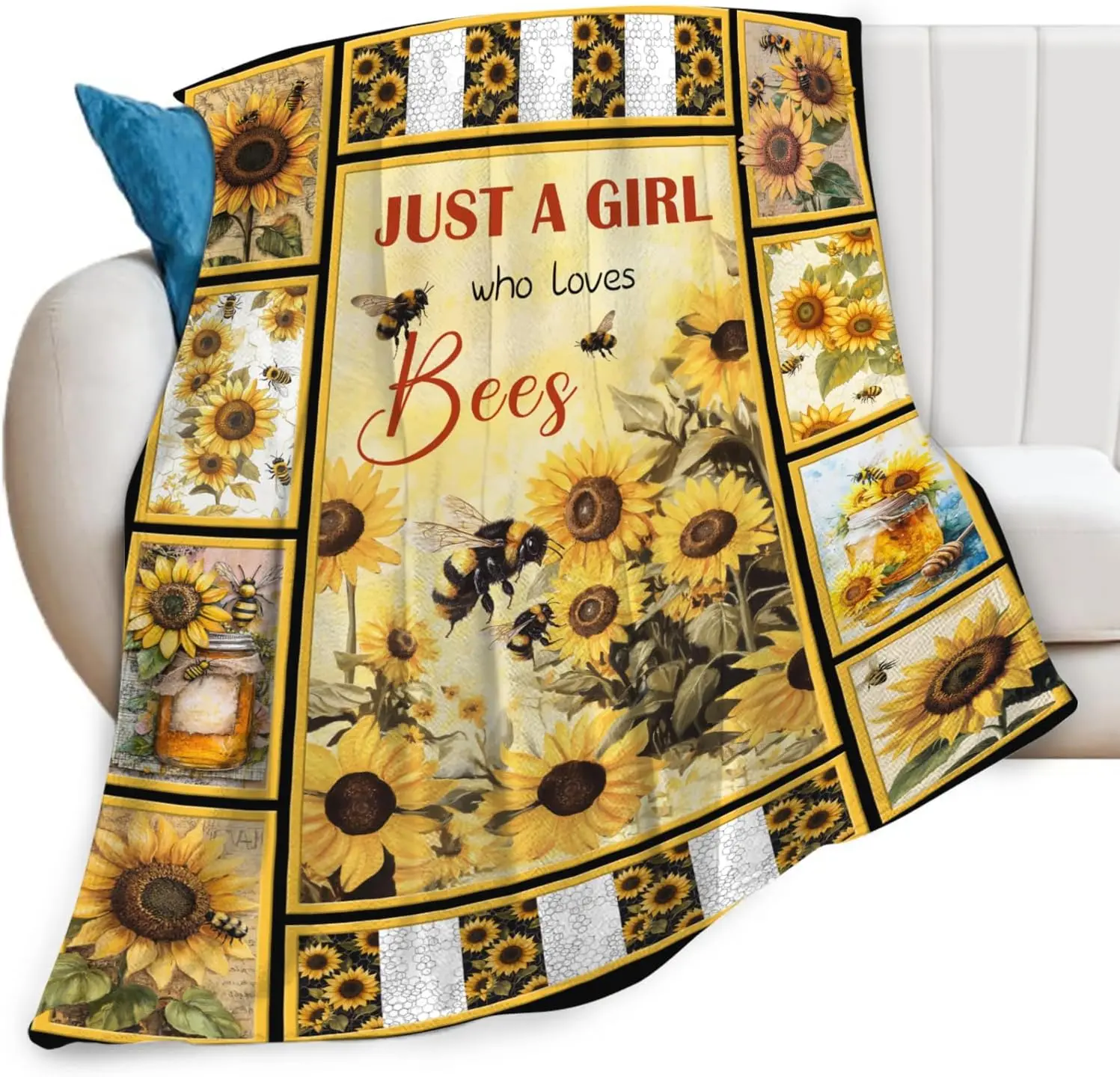 Decorative Sunflower Bee Throw Blanket Cozy Autumn Spring Home Decor Boho Pattern Lap Blanket Gift for Couch