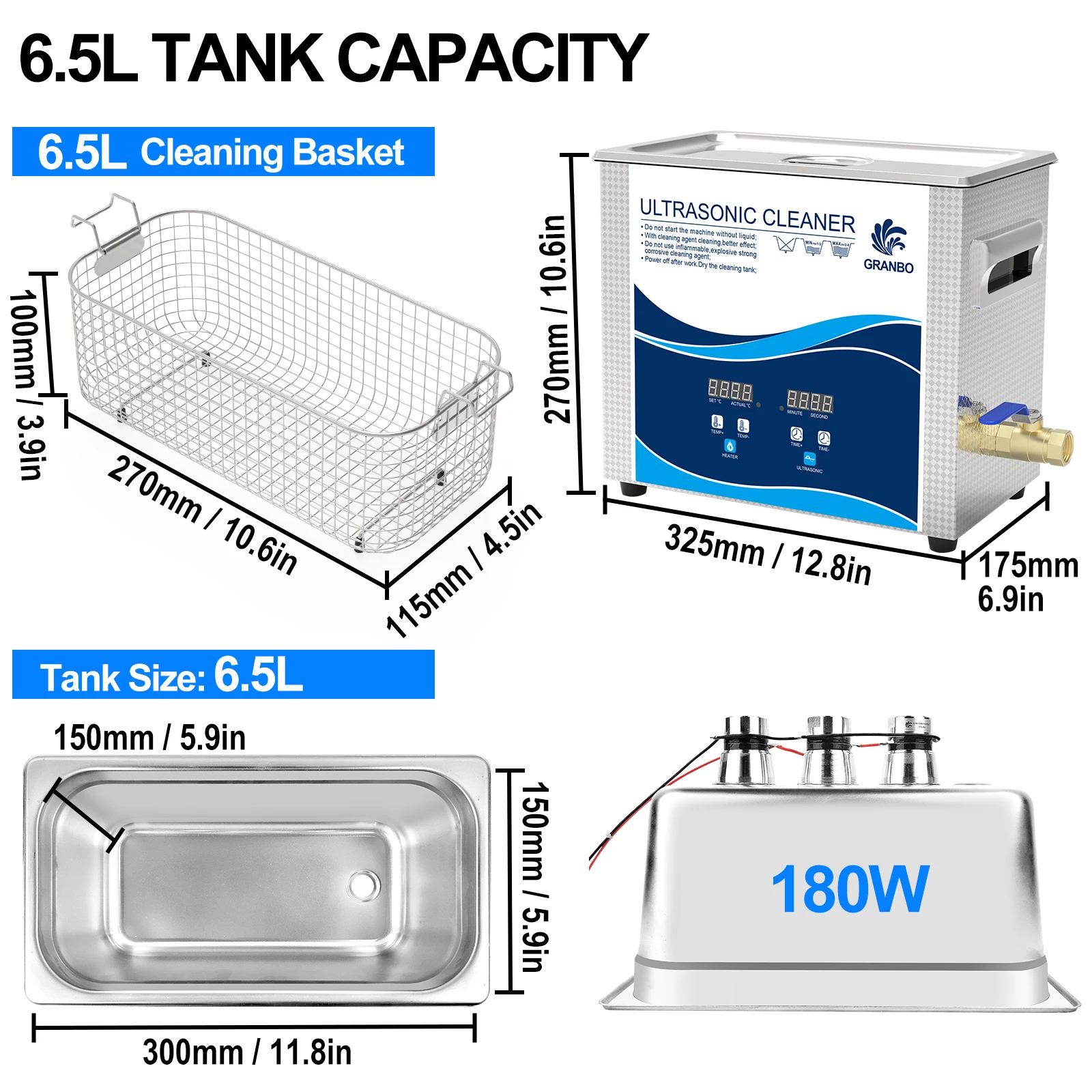6.5L Ultrasonic Cleaner Stainless Steel Bath 180W Power Adjustable 40KHz Degassing Ultrasound Dental Cleaner Household Medical