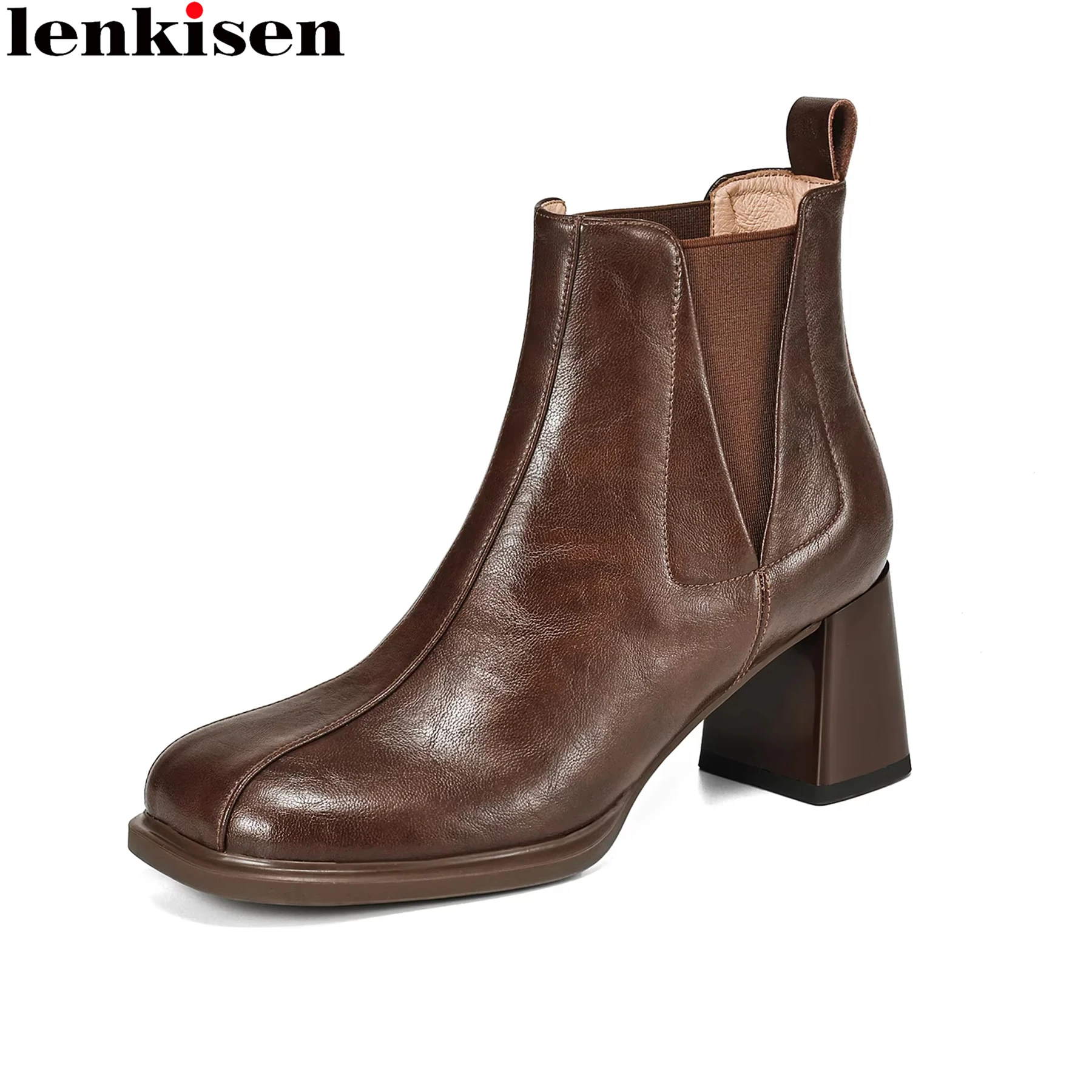 Lenkisen Plus Size Cow Leather High Heels Western Chelsea Boots Retro Autumn Winter Shoes Brand Dress Casual Women Ankle Boots