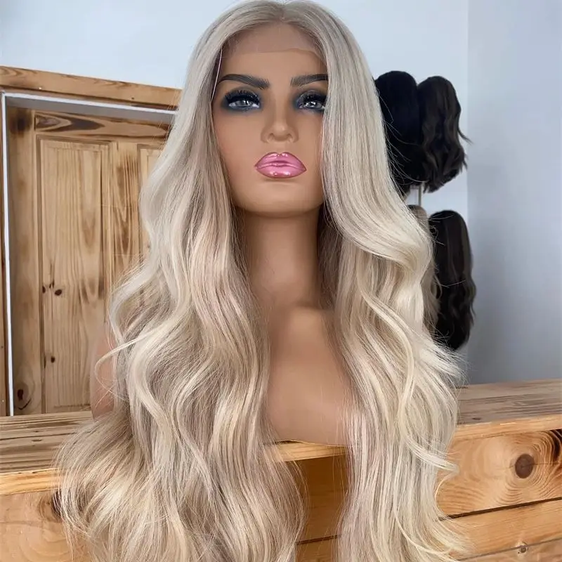 

High Quality 13x4 Ombre Platinum Blonde Highlights Synthetic HD Lace Front Wigs with Baby Hair 30 Inch Super Long Body Wave Wig
