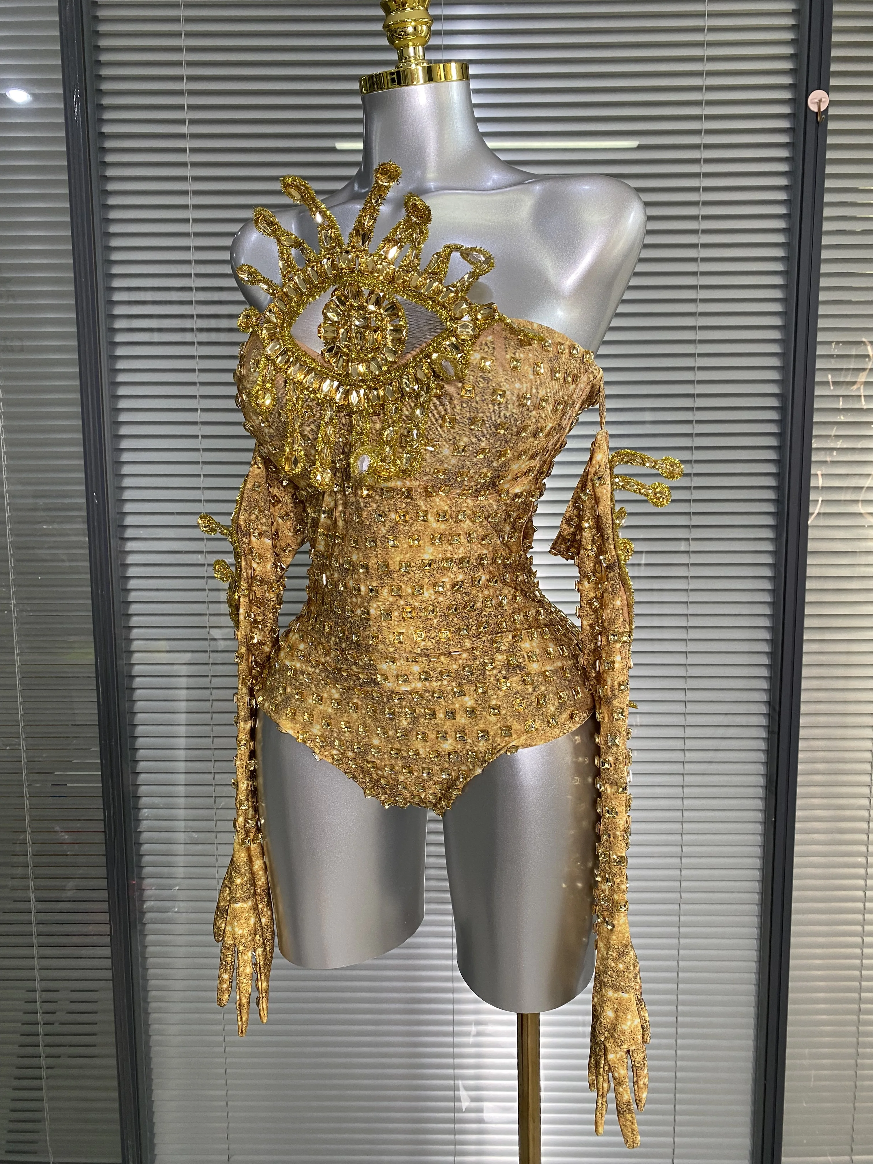 Sparkly Diamonds Women Sexy Stretchy Strapless Bodycon Sleeve Gold Bodysuit Party Nightclub Stage Wear Performance Costume