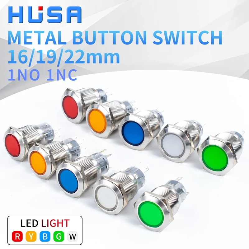 

19/22mm Waterproof Metal Push Button Switch plastic head LED Light Momentary Latching/Automatic reset silver 1NO1NC highlight