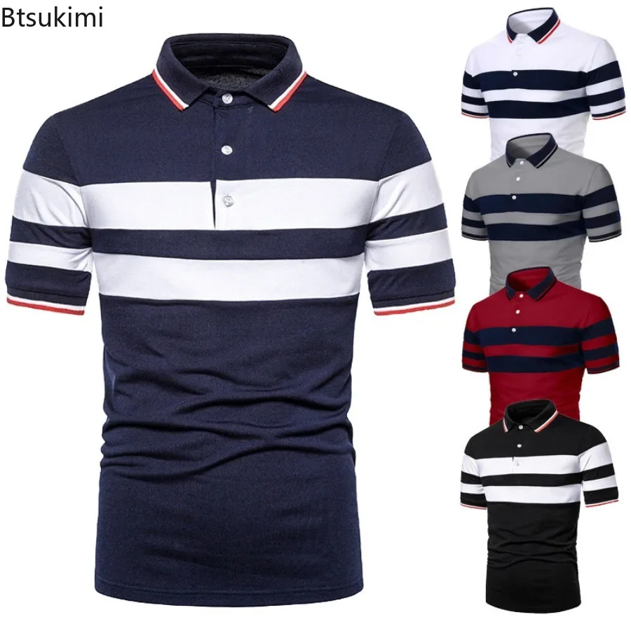 

2025 Summer Men's Striped Polo Shirt Fashion Business Casual Color Matching Lapel Short Sleeve T-shirts Golf Sports Tops for Men