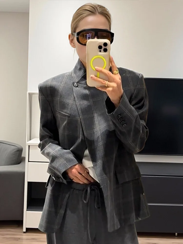 Irregular Women Plaid Blazer Jacket Stand Collar Full Sleeve Split Loose Short Jackets 2025 Lady Fashion Daily Commute Outwear