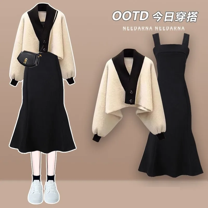 

Women's Spring Autumn New Fashion Short Sweater Coat+Black Strap Skirt Two Piece Korean Elegant Dress Matching Set Female Suit