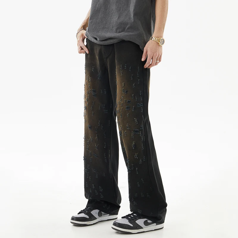 Ripped jeans men's loose straight fashion street fashion personality handsome hip hop casual retro trousers