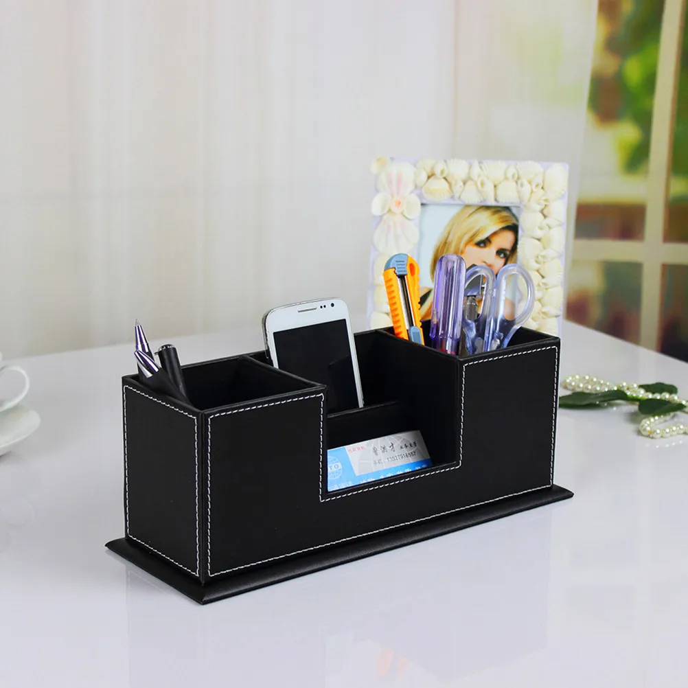 Multifunction Double Pen Holders 4 Compartment Black Desktop Organizer Office Supplies Business Holder Phone Pencil