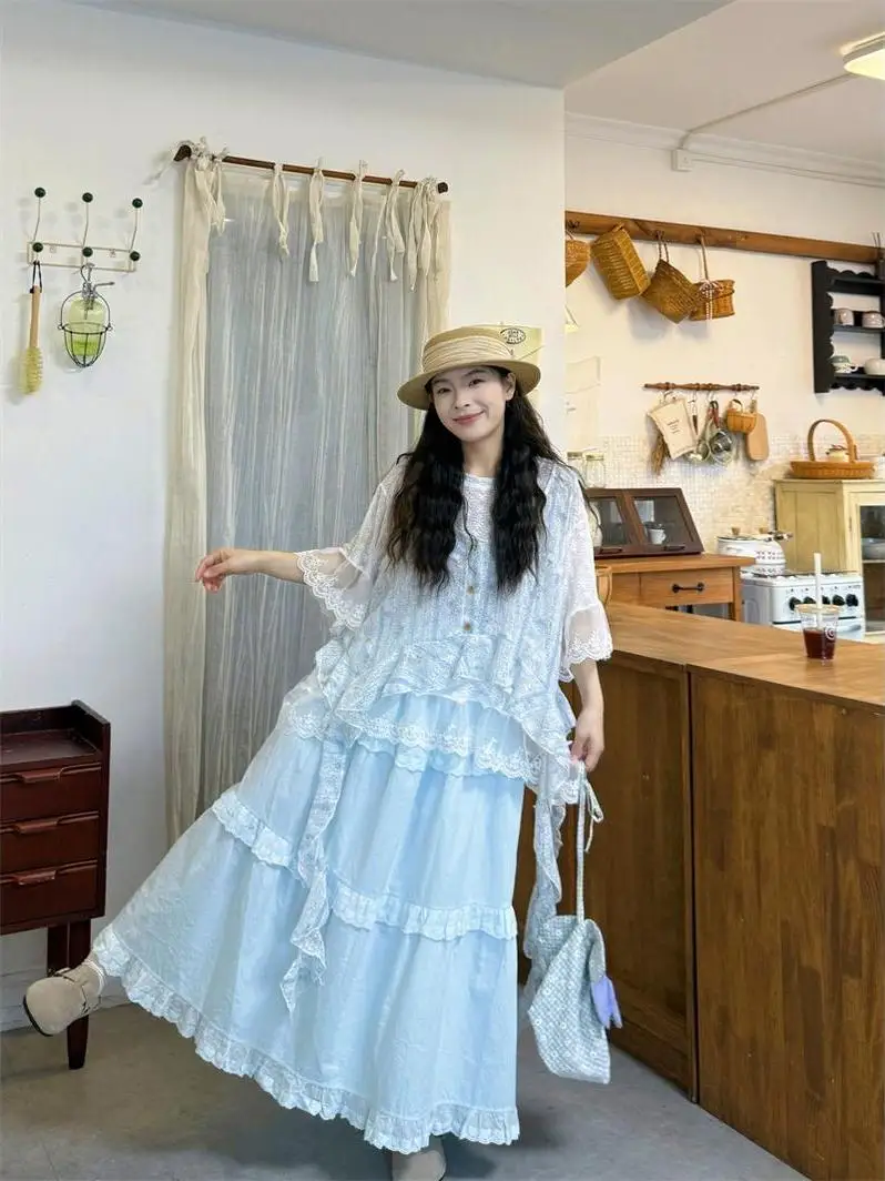 

Sweet Style Lace Patchwork Sash Women's Summer 2026 New Fashion Set T-shirt Half Skirt High Waist Polyester Fiber Casual Wear