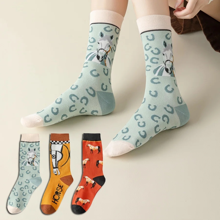 3 Pairs Women's Medium Length Fashionable Trendy Sock Animal Horse Patterns Men's Soft Comfortable Cotton Socks Couple Socks