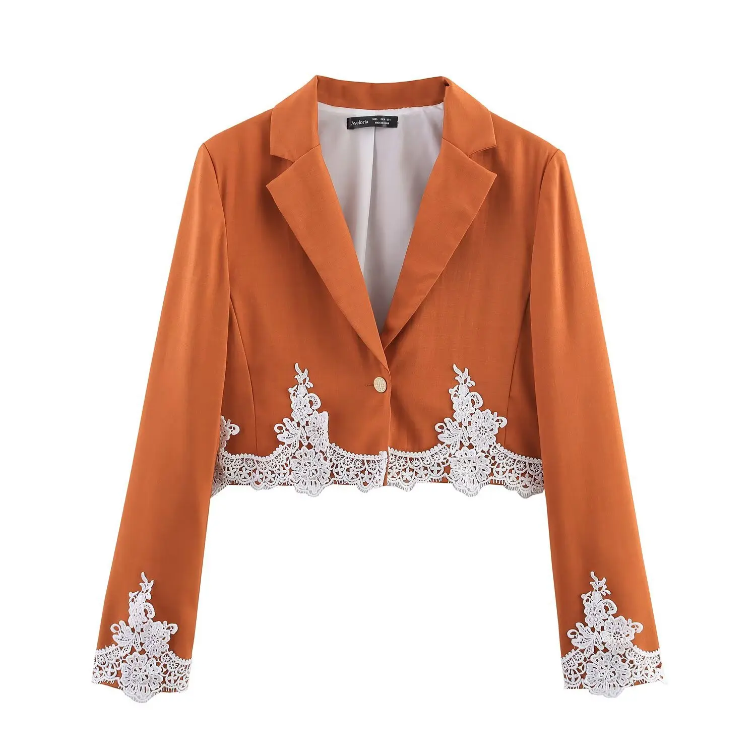 

Autumn Women's Cropped Lace Trim Blazer Jacket Elegant Long Sleeve Single Button Coat Notched Lapel Fashionable Outerwear