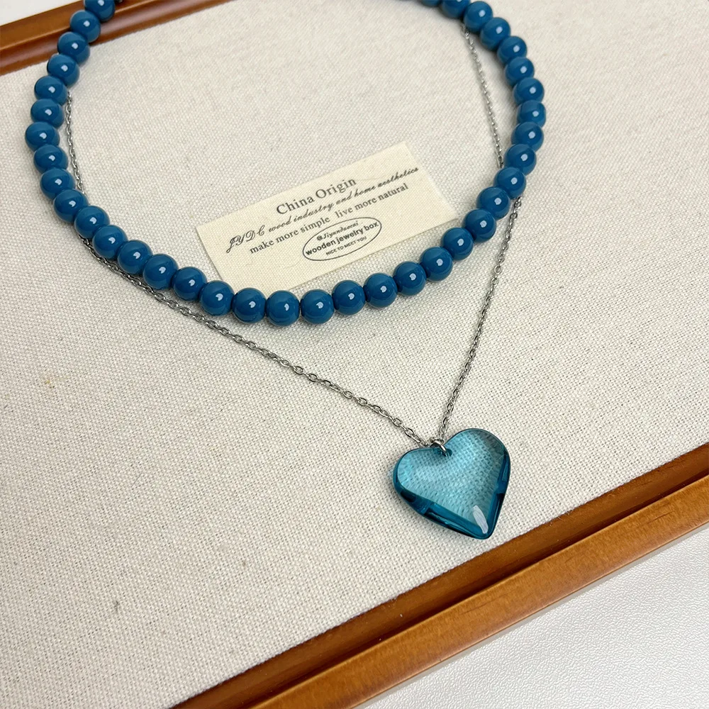 2024 New Blue Crystal Heart-shaped Bead Necklace for Women Long Layered Sweater Chain