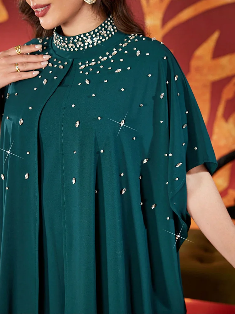 

2PCS Eid Muslim Sets for Women Diamonds Kimono Jalabiya Sleeveless Long Dress Dubai Abaya Turkey Kaftan Elegant Islam Clothing