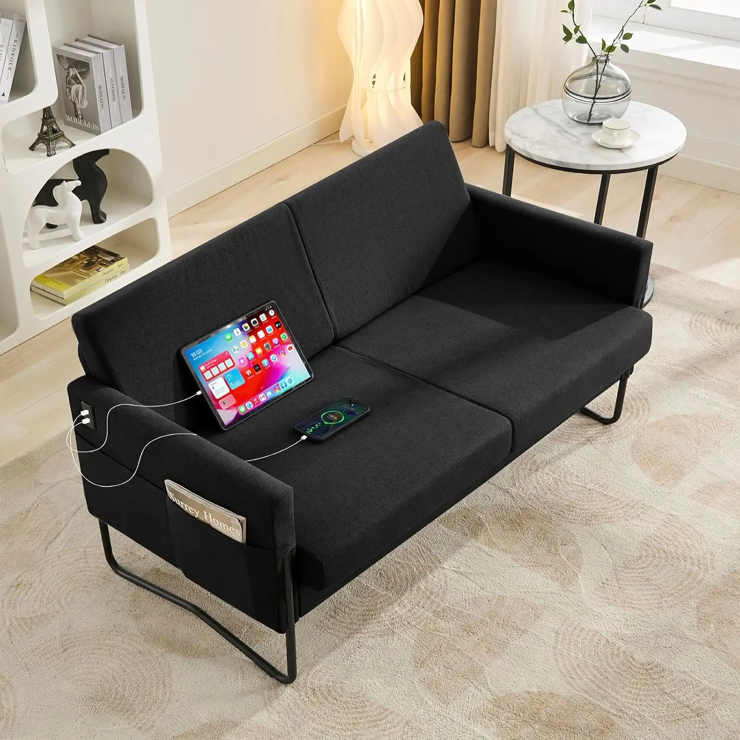 Sthouyn 51” Small Loveseat Sofa For Small Spaces, Comfy Black Couch With 2 Usb Ports, Modern 2 Person Couch Loveseats For