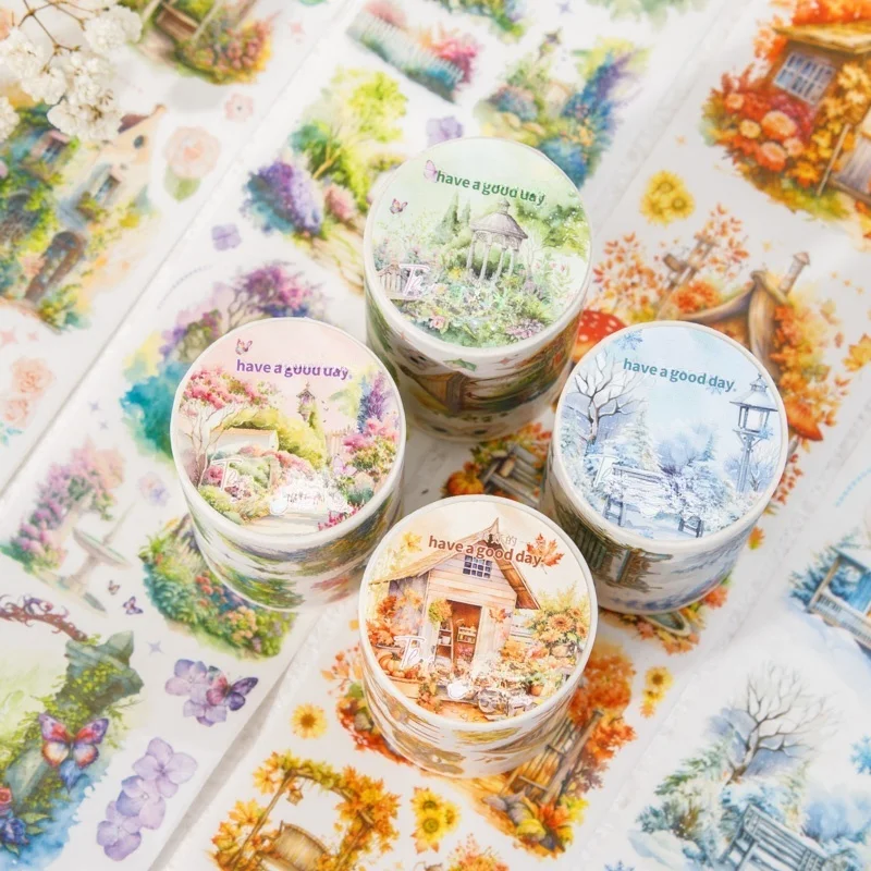 4-roll set of 6cm×200cm four-season landscape themed washi tape, featuring spring, autumn, summer, and winter scenery designs for decoration in diaries and crafts. Suitable for various applications such as phone case and water bottle stickers, photo album and diary decoration, sticky notes, junk journal art and craft decoration stickers, scrapbooking supplies, and Christmas gifts