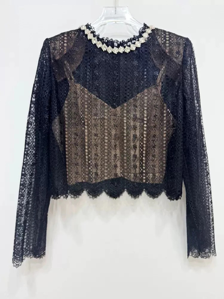 

Кружевная блузка Ele Bla HEIDD SP2026, ранняя весна, круглый вырез, с кристаллической отделкой, из полиэфирного волокна, с длинными рукавами, укороченная, с цветочным принтом.