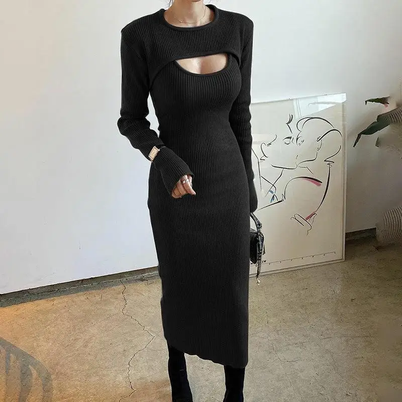 Spring and Autumn Sexy Pit Strip Hollow Shawl Shirt Split Strap Dress Two Piece Set for Women C28413L