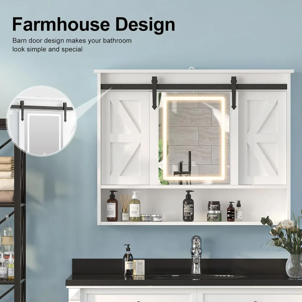 バスルーム用のスライド式納屋ドア付き照明付きミラー薬箱、3色LEDメモリ照明