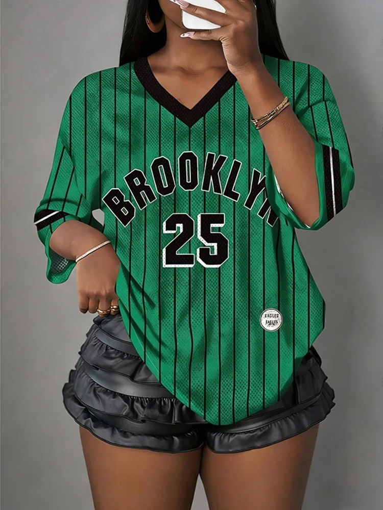 Sommer-T-Shirt für Damen und Kinder, V-Ausschnitt, Kurzarm, gestreift, Brooklyn Nr. 25 Print, Sport-Oberteil, lässiges Fußballtrikot, Y2k-T-Shirt – Detail 14