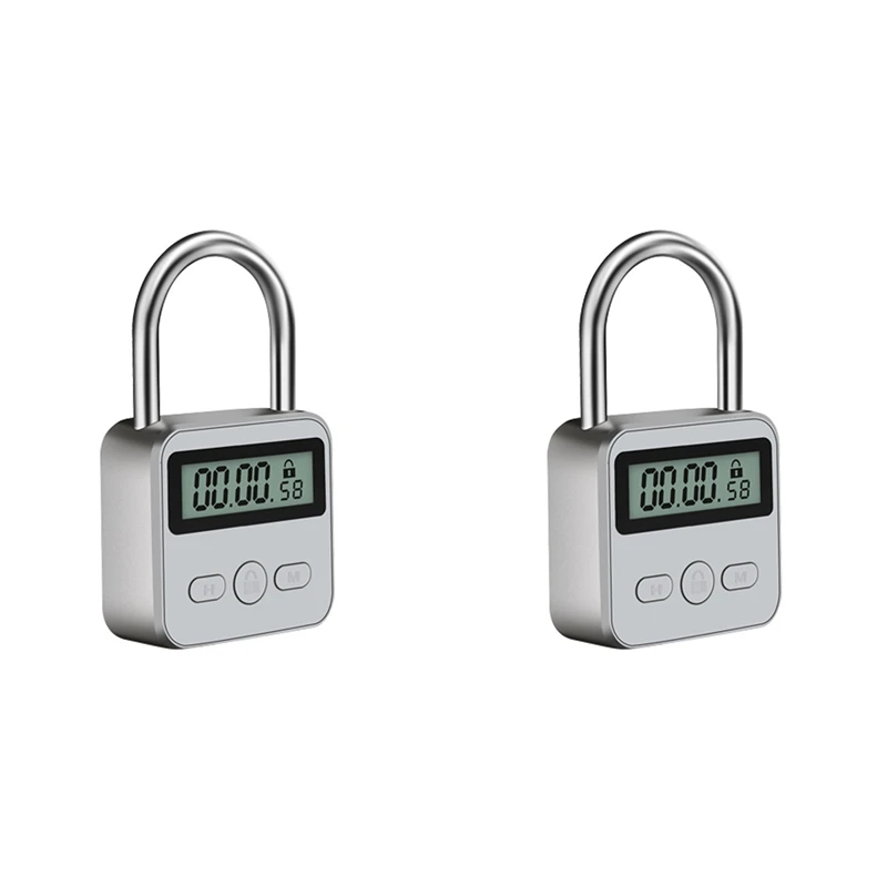 2X Metal Timer Lock LCD Display Multi-Function Electronic Time 99 Hours Max Timing USB Rechargeable Timer Padlock,Silver