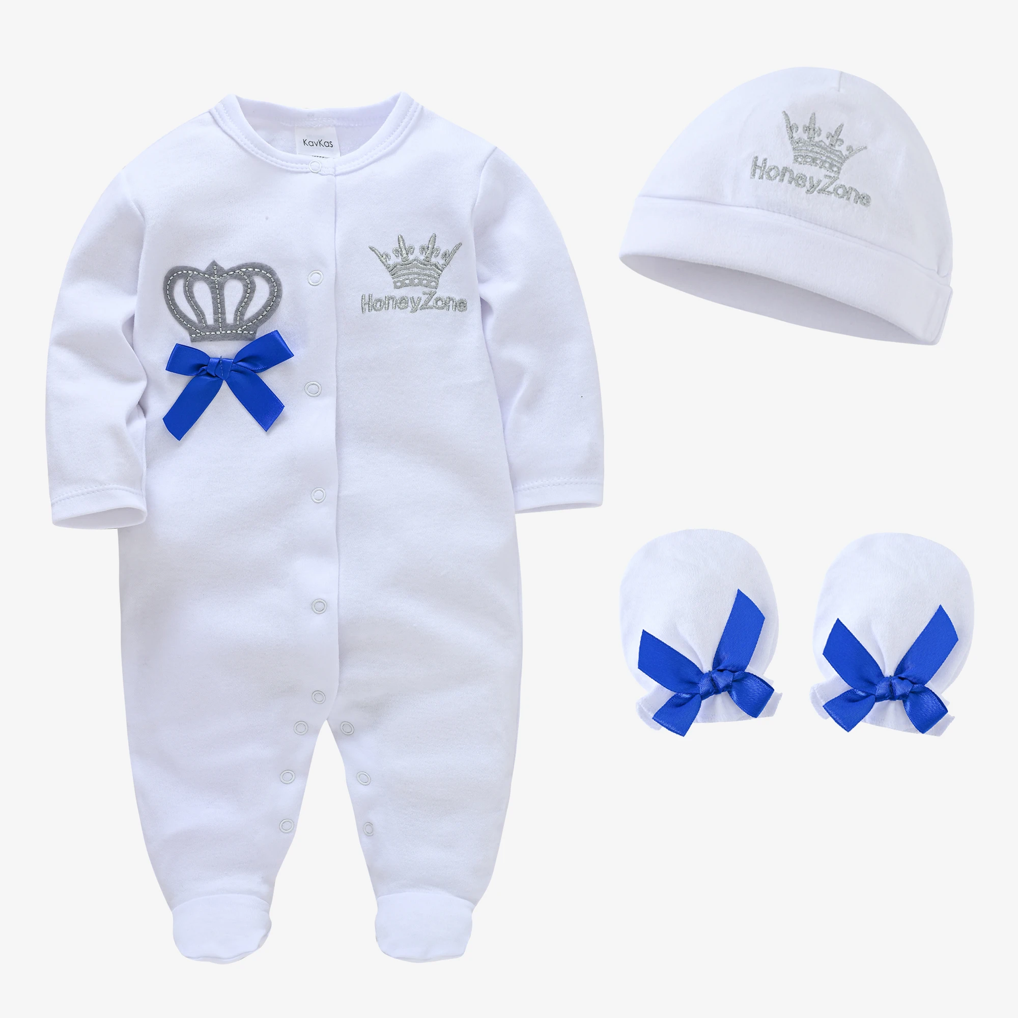 Baby Boy Crown Print Romper Set Autumn Double Knit Cotton Long Sleeve Footed Jumpsuit with Hat Socks Newborn Infant Outfit 1Set