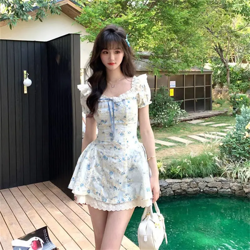 

French Lace Edge Spliced Blue Floral Dress for Women, Summer Princess Skirt