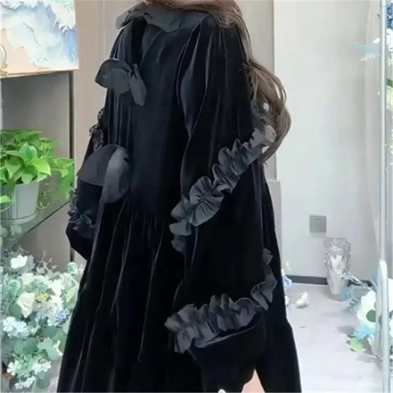 女性のための黒いフラウンスドレス,背中にリボンが付いたイブニングドレス,大きなスイング,ゆったりとした婦人服,新しいファッションデザイン