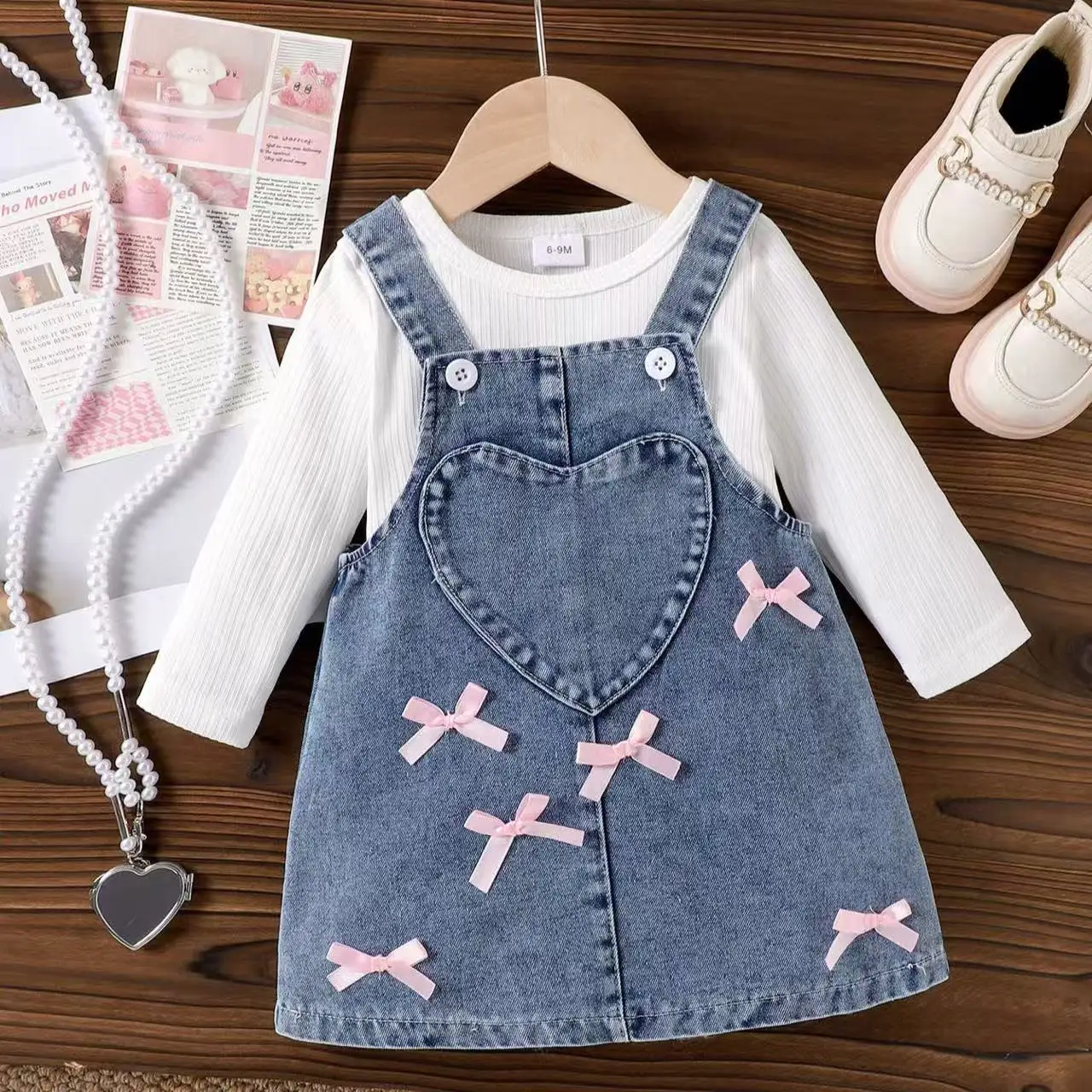 2026 New Spring Autumn Kids Outfit White Long Sleeve Top & Blue Suspender Skirt Two Piece Set for 6M-3Y