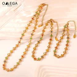 Women's Colorful Enamel Necklace Bracelet Anklet Set 18k Gold Plated Stainless Steel Necklaces Bracelets Jewelry Sets For Women