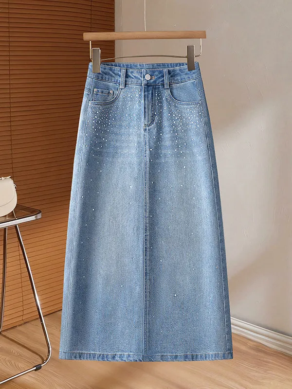 Light Blue Rhinestone Embellished Women's Denim Skirt A-Line  Skirt High Waist Straight Cut Bodycon Spring Fashion 2026