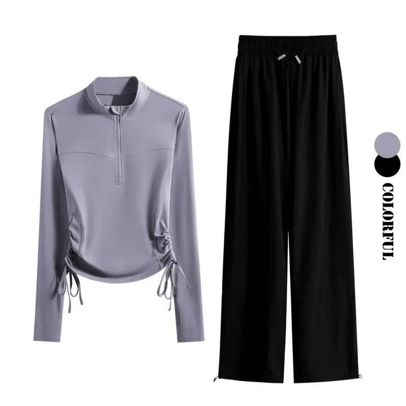 DRUR 2-częściowy zestaw do jogi dla kobiet z bluzą sportową z długim rękawem i sznurkiem bocznym oraz spodniami dresowymi, idealny na jesień, do biegania i na siłownię, rozmiary S-3XL