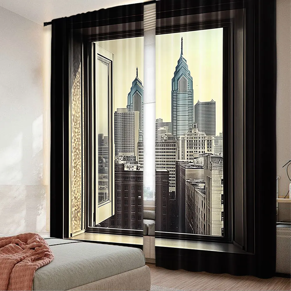 2Pcs City Curtain Philadelphia City Rooftop View Through Window Skyline Landmark Rooftop Travel For Bedroom Living Room And