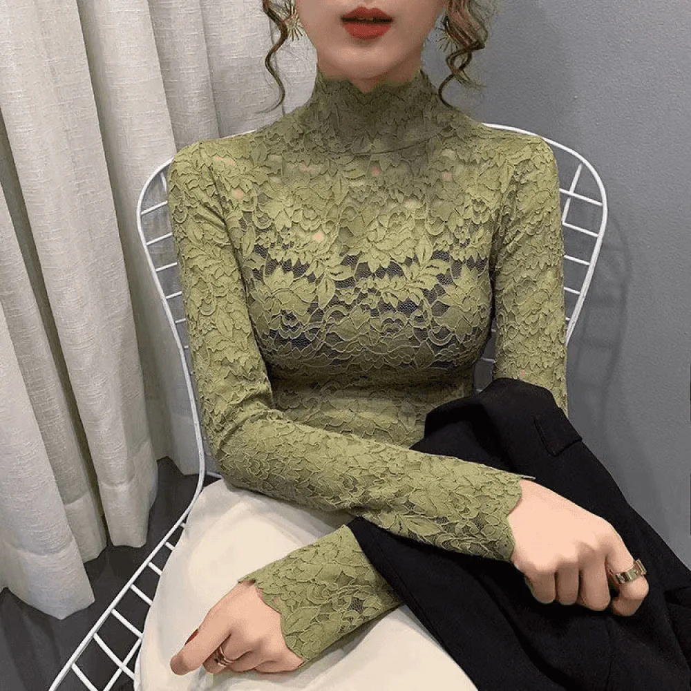 Lace Long Sleeve Mock Neck Shirt Women Slim Fit Base Layer Elegant Casual Breathable Stretchy Fabric Spring Autumn