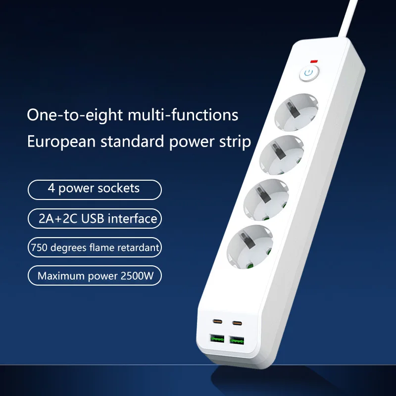 

European Standard Four-Position Power Socket With PD/USB Charging Socket Overload Protection Socket Anti-Flammable Wiring Board