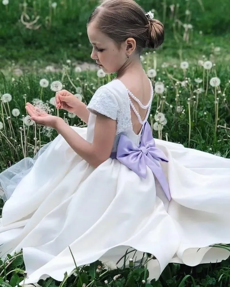 White Satin Baby Girl Dress with Long Train and Big Bow Flower Girl Dress for Wedding Pageant Dresses for Girls Customized