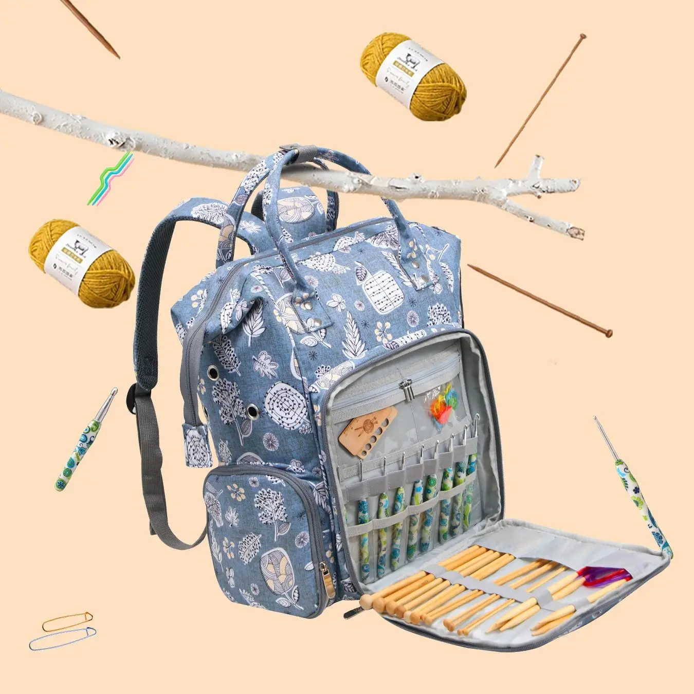 

Hot Sell Lagre Capacity Yarn Storage Bag Cashew Flower Knitting Tote Bag Portable Travel Bag With USB Port For Sewing Accessoriy