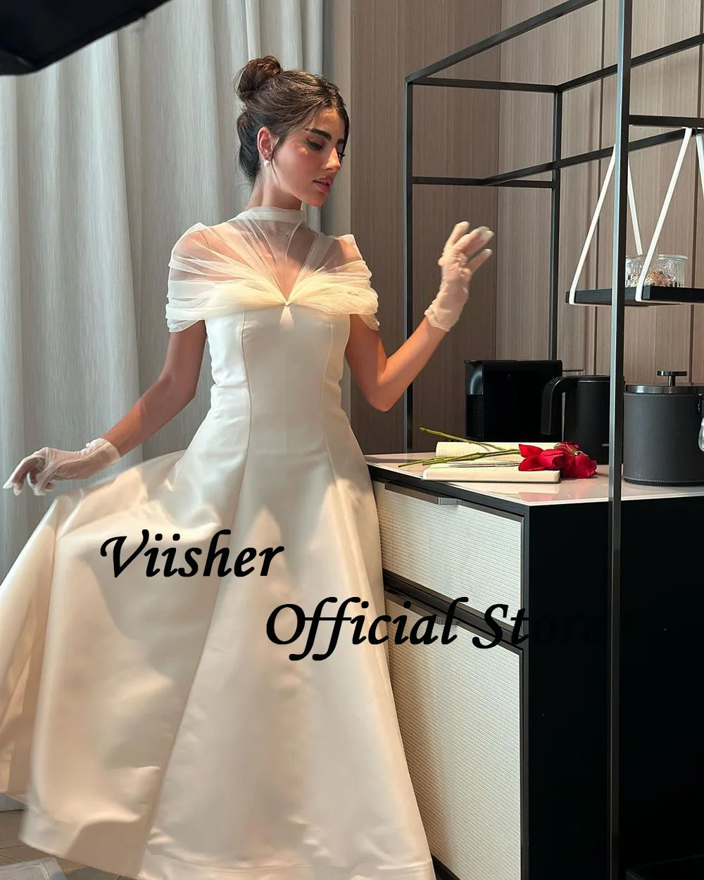 Viisher White A Line Arabia Dubai Wedding Dresses Mono Satin Tulle Elegant Bride Dress Ankle Length Wedding Bridal Gowns