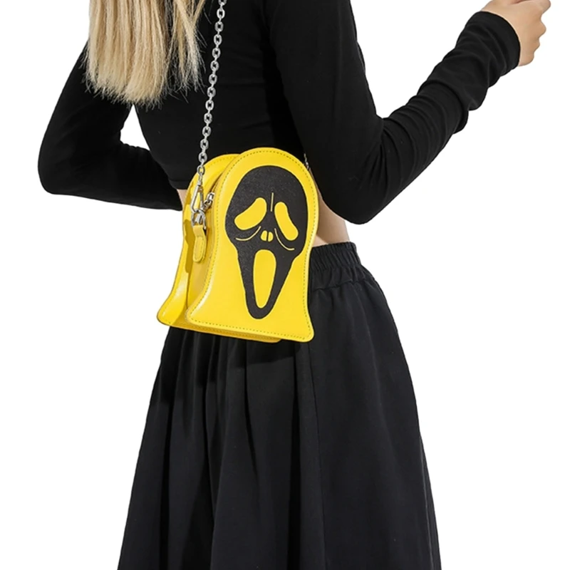 Bolsa de ombro padrão crânio couro PU Halloween, com zíper na moda, bolsa tiracolo, bolsa casual para compras, mini bolsa corrente, padrão fantasma